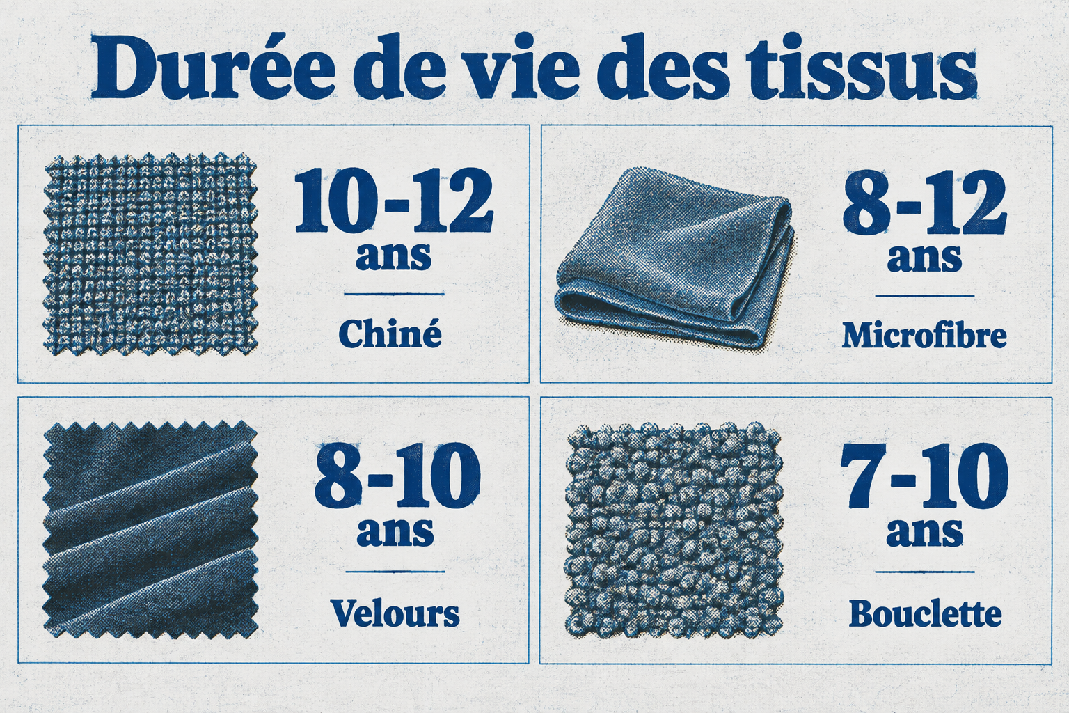 Les durées de vie moyennes des tissus de canapé varient de 7 à 12 ans : chiné 10-12 ans, microfibre 8-12 ans, velours 8-10 ans, bouclette 7-10 ans.