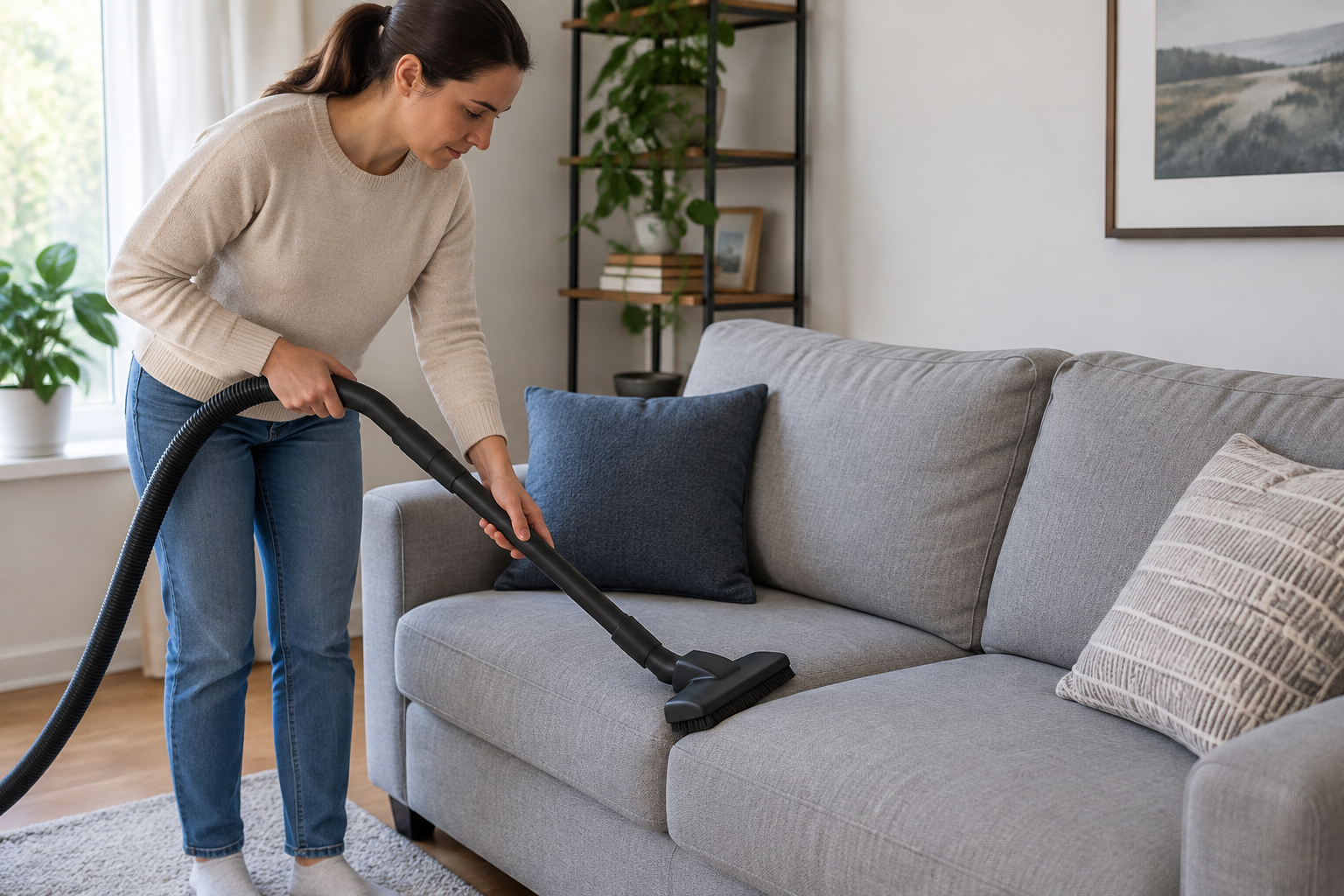 Personne passant l'aspirateur sur un canapé en tissu