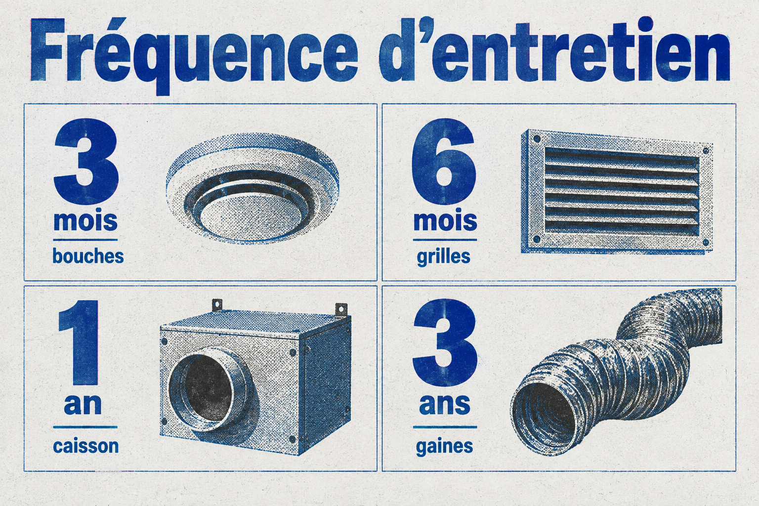 Quatre fréquences d'entretien d'une VMC : bouches tous les 3 mois, grilles tous les 6 mois, caisson chaque année, gaines tous les 3 ans.