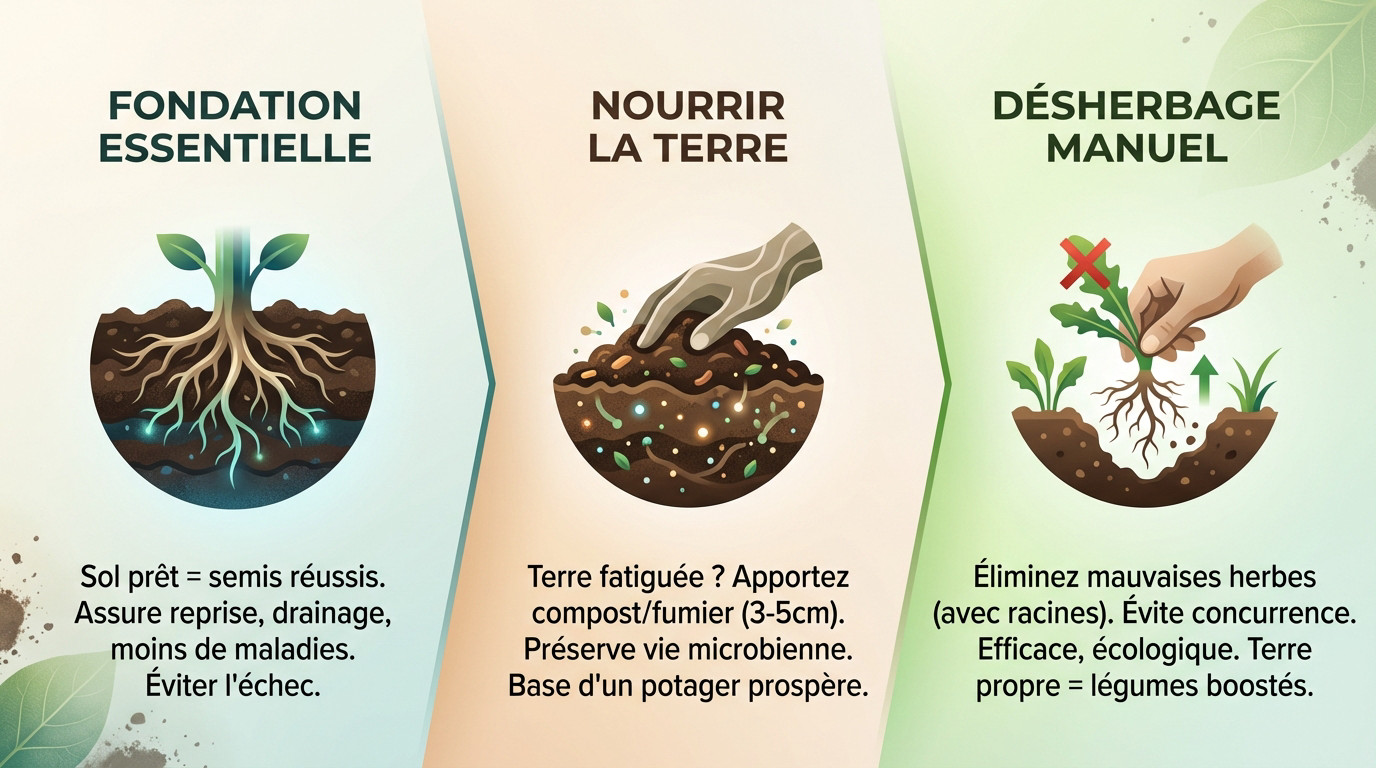 Jardinier utilisant une grelinette pour préparer le sol du potager en mars