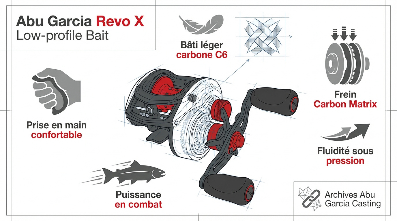 Infographie technique du moulinet Abu Garcia Revo X montrant le bâti en carbone C6 et le système de frein