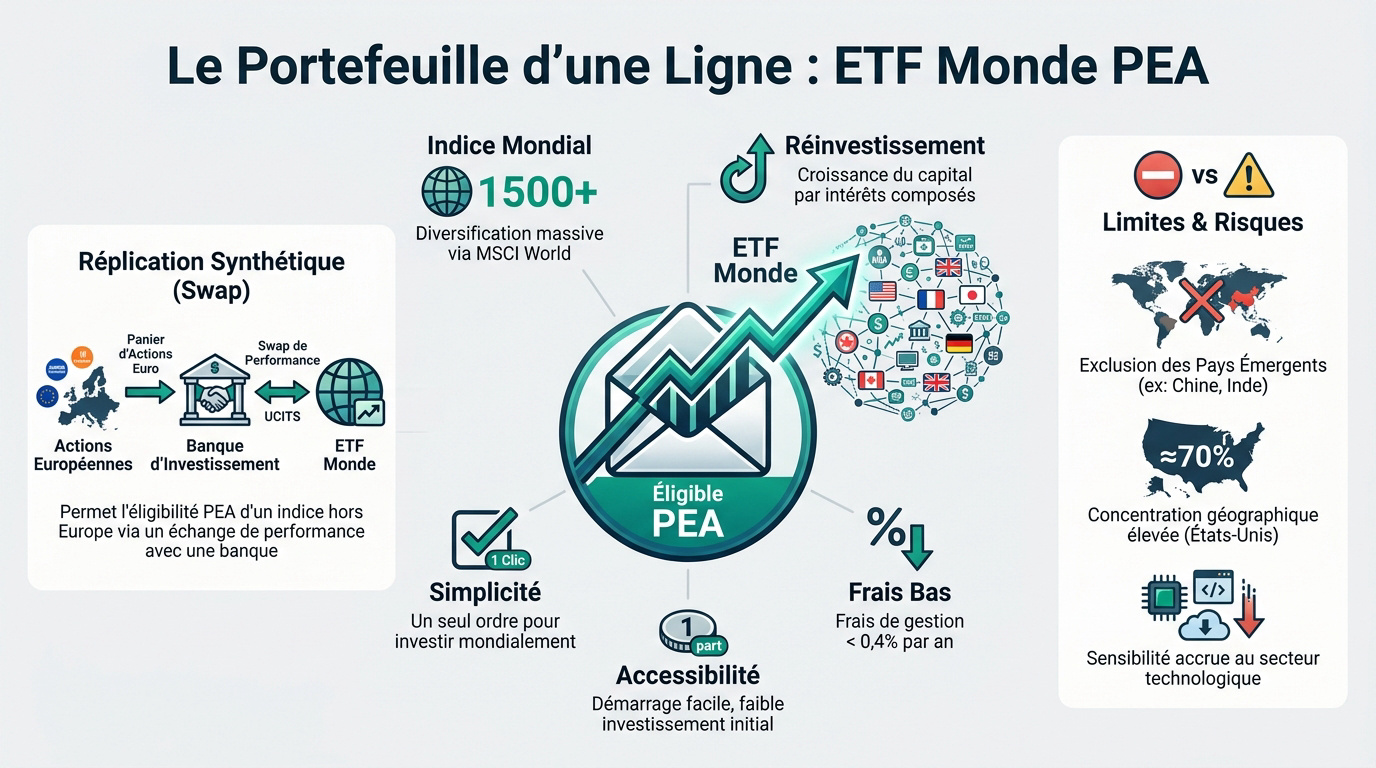 Illustration d'un portefeuille PEA composé d'une seule ligne d'ETF Monde