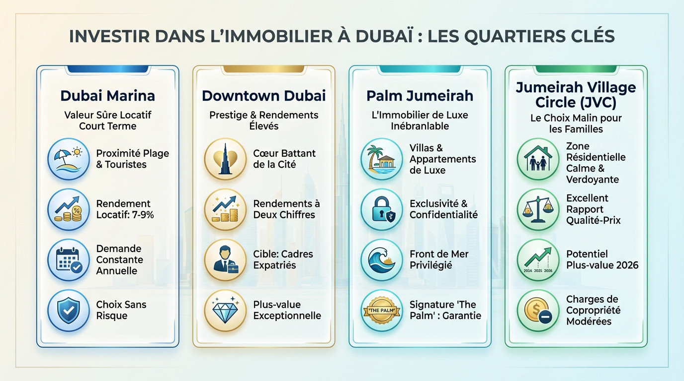 Vue panoramique des quartiers clés pour l'investissement immobilier à Dubaï en 2026