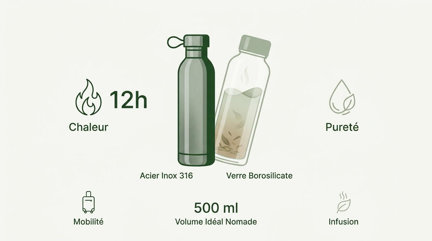 Comparaison gourde inox et verre pour infusion nomade
