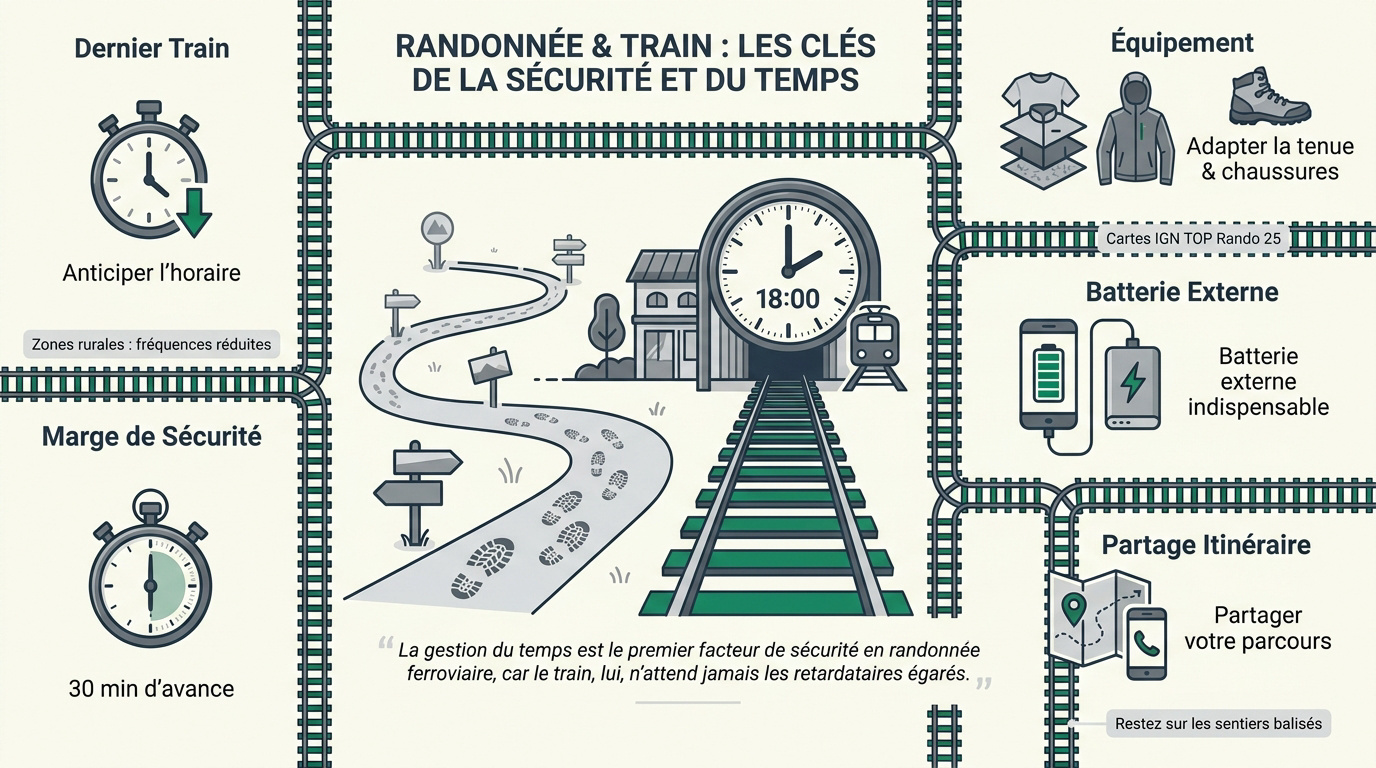 Randonneur consultant sa montre près d'une gare de campagne
