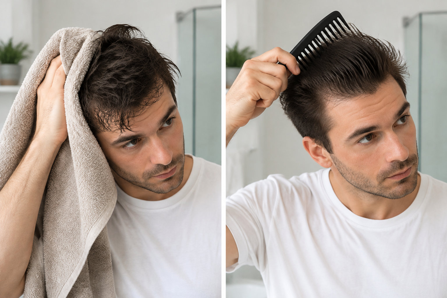 Un homme presse ses cheveux humides dans une serviette, puis les démêle avec un peigne à dents larges en partant des pointes.
