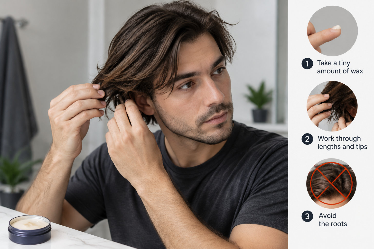 Homme appliquant un peu de cire sur les pointes, loin des racines
