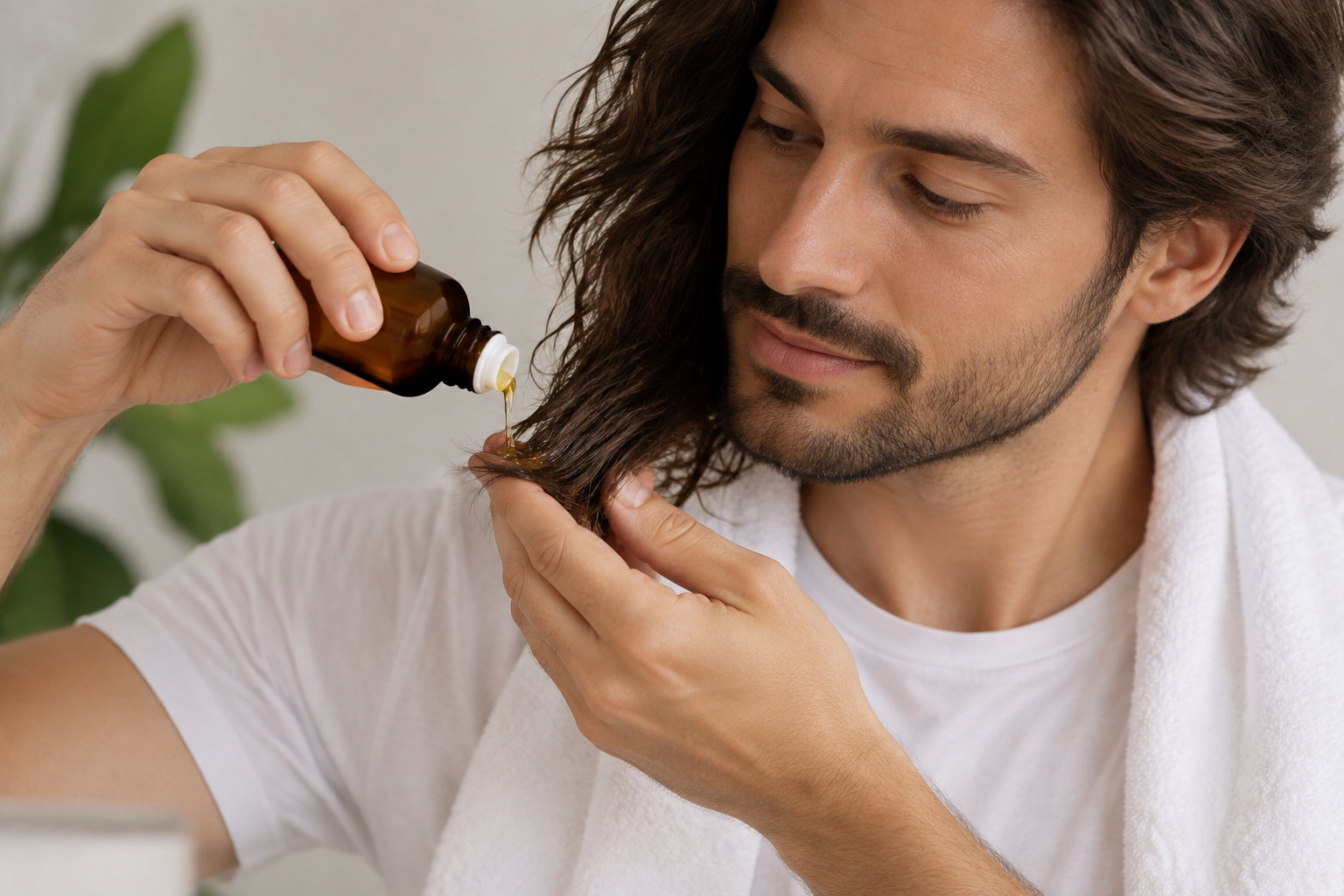 Un homme applique une petite quantité d’huile de jojoba sur les longueurs et les pointes, sans toucher les racines.