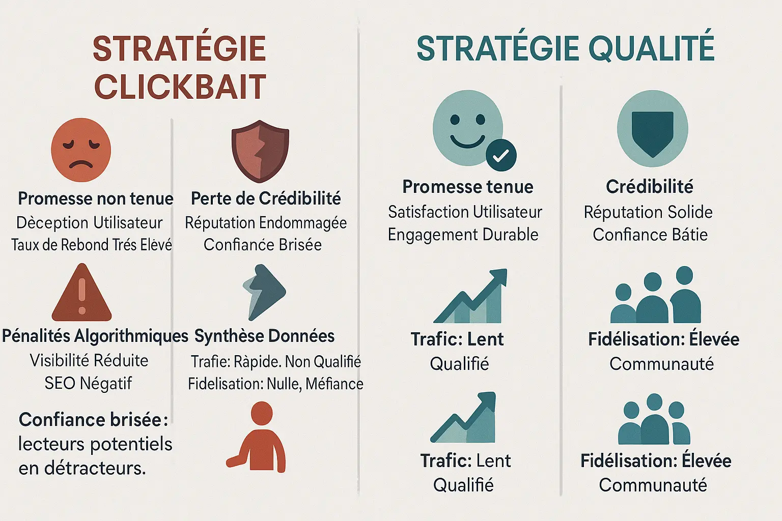 <strong>Comparaison visuelle entre le clickbait et le contenu de qualité</strong>