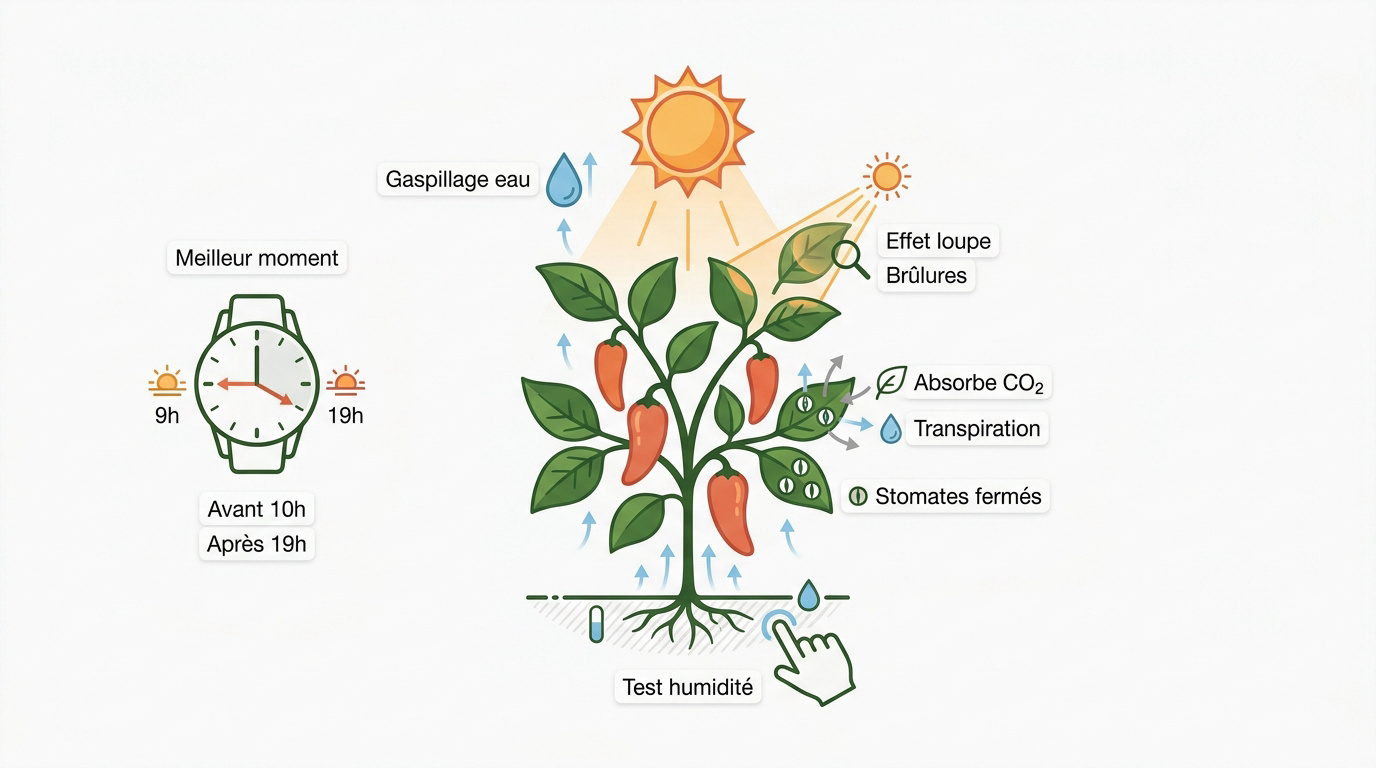 Schéma du fonctionnement des stomates du piment selon l'ensoleillement et l'arrosage