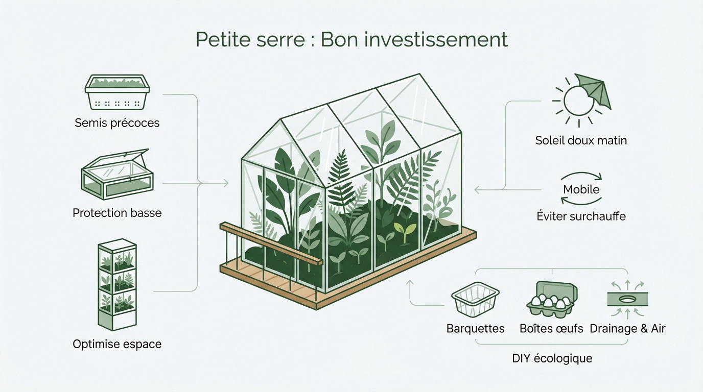 Infographie expliquant les avantages d'une petite serre de jardin pour les semis et la protection des plantes