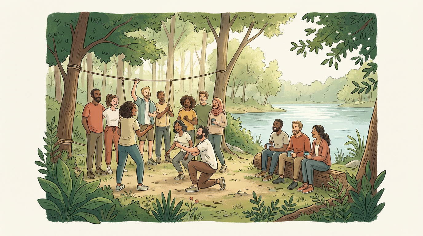 Collaborateurs participant à une activité de cohésion d'équipe en pleine nature