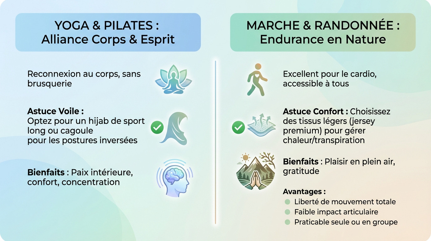 Infographie illustrant les bienfaits des sports doux comme le yoga et la marche pour le corps et l'esprit