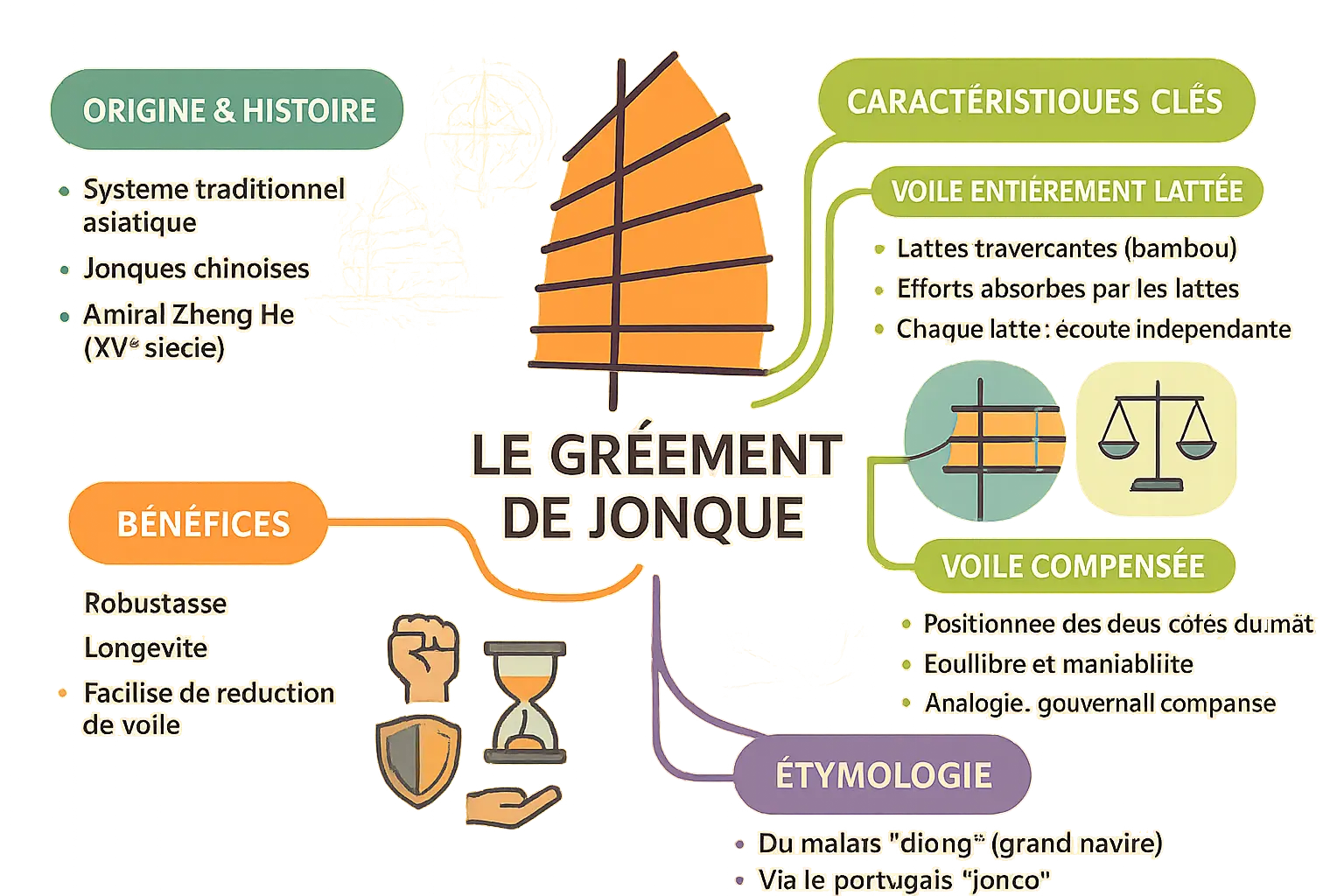 Voile entièrement lattée d'une jonque traditionnelle