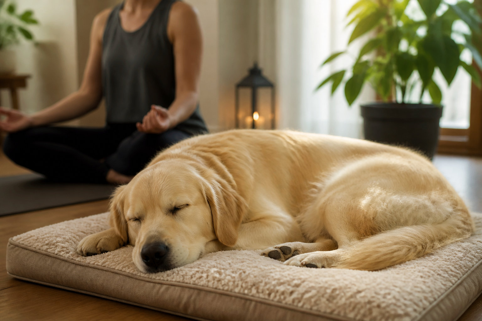 Golden retriever apaisé dans une ambiance calme et propice à la détente