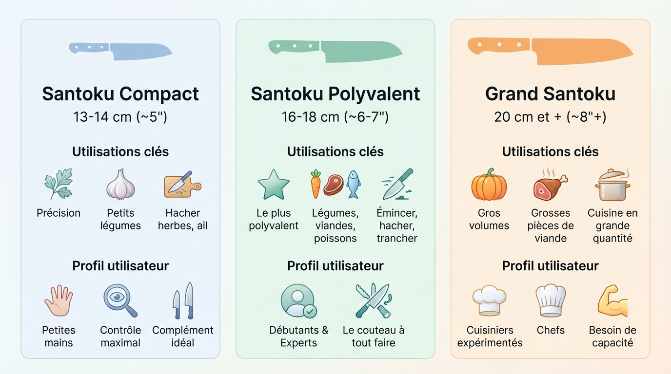 Guide visuel comparatif des tailles de lames Santoku et leurs usages alimentaires