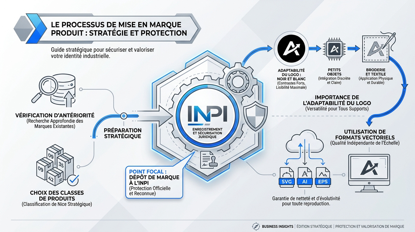 Schéma illustrant le processus de protection et de mise en marque d'un produit