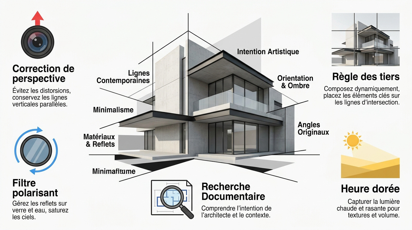 Infographie présentant les fondamentaux techniques pour réussir ses photos d'architecture moderne