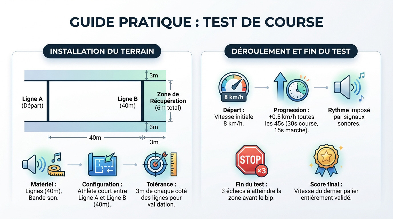 Schéma de configuration du terrain pour le test 30-15 IFT avec zones de tolérance