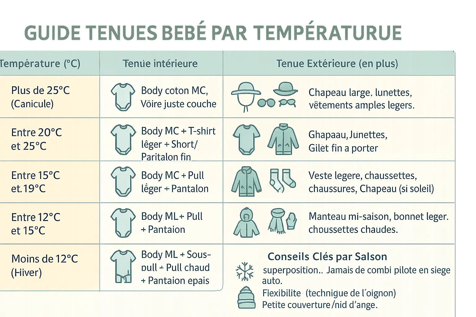 Illustration d'un bébé habillé selon la température