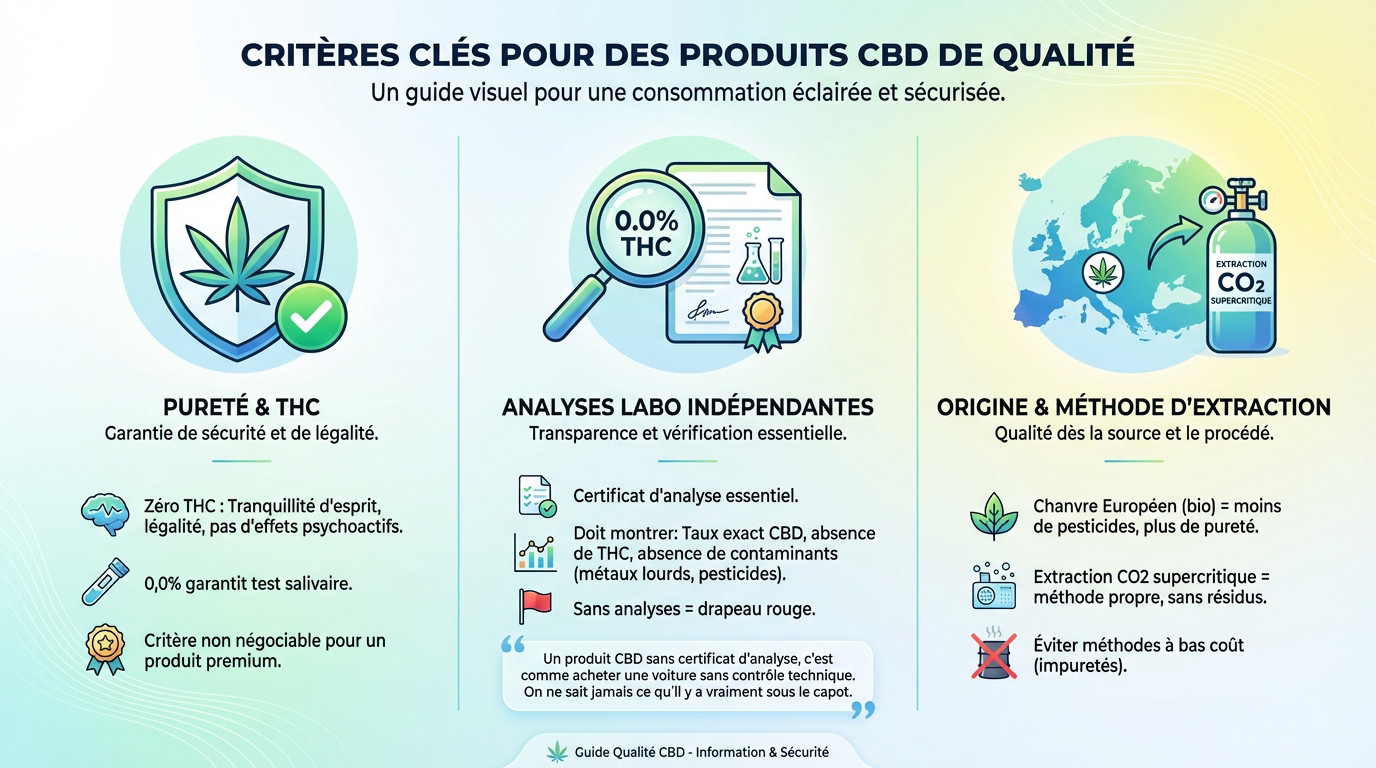 Infographie détaillant les critères essentiels pour choisir le meilleur CBD : origine, extraction et analyses laboratoire