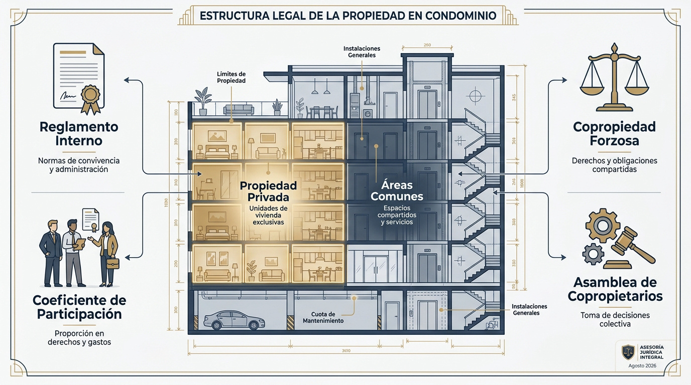 Esquema de la estructura legal y división de áreas en un régimen de condominio