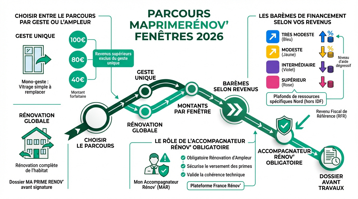 Schéma du parcours MaPrimeRénov pour le changement de fenêtres en 2026