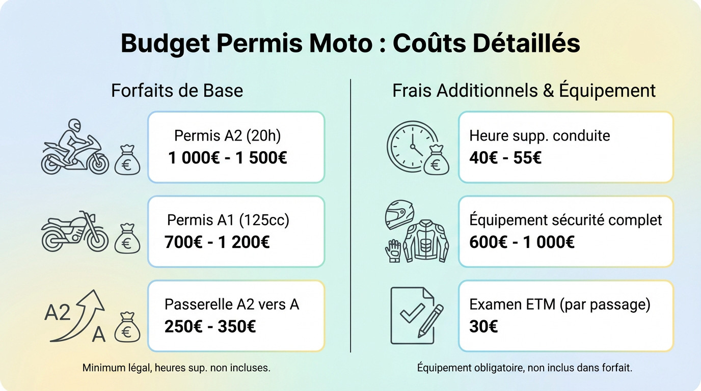 Graphique détaillant la répartition des coûts du permis moto pour l'année 2026
