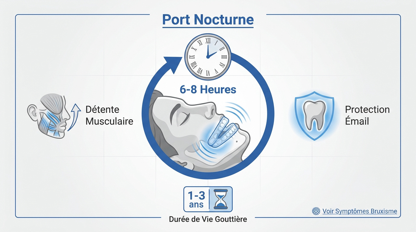 Infographie expliquant le port nocturne de la gouttière pour protéger l'émail dentaire