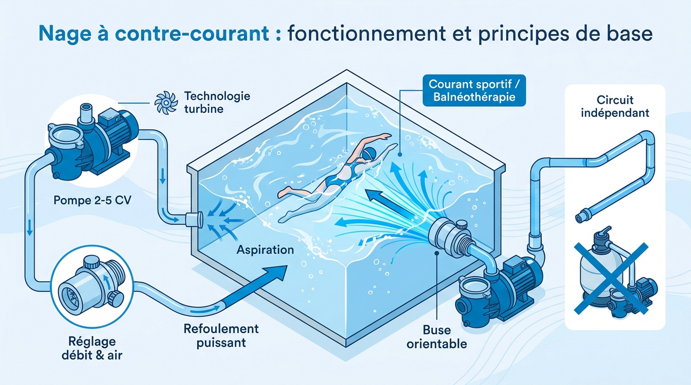 Schéma technique du fonctionnement d'une nage à contre-courant en piscine