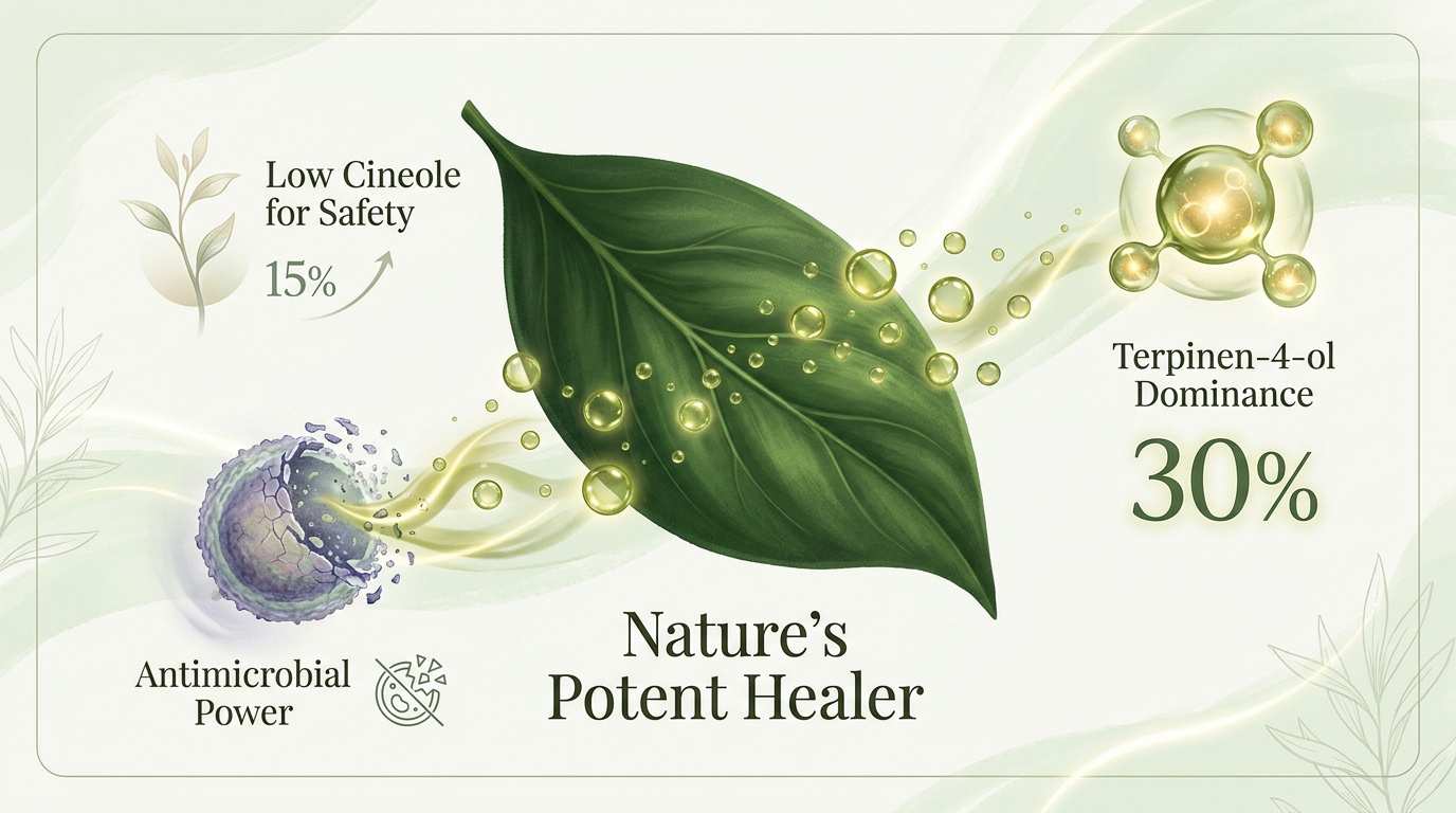 Botanical tea tree leaves and essential oil bottle representing natural healing