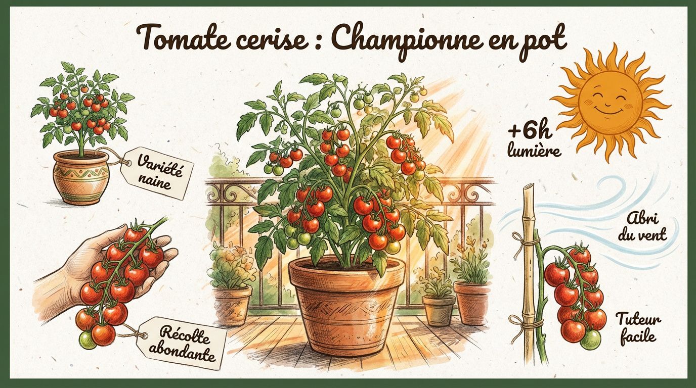Plant de tomate cerise vigoureux cultivé dans un pot sur un balcon ensoleillé