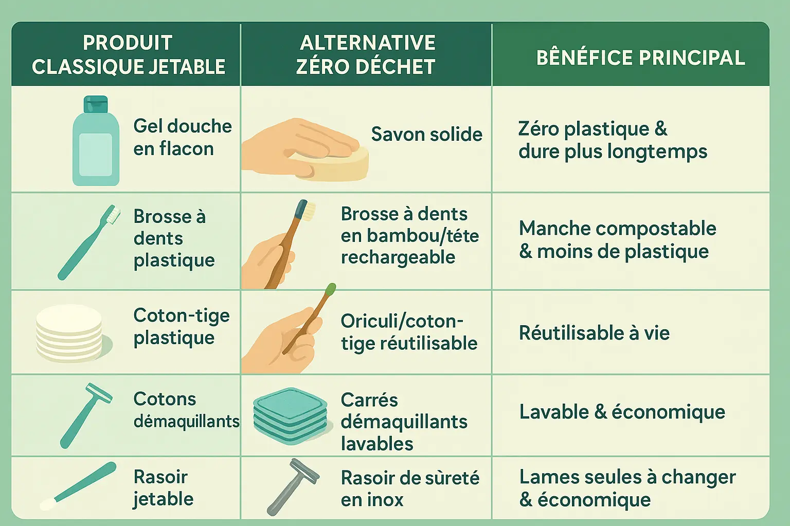 Illustration salle de bain zéro déchet avec alternatives durables