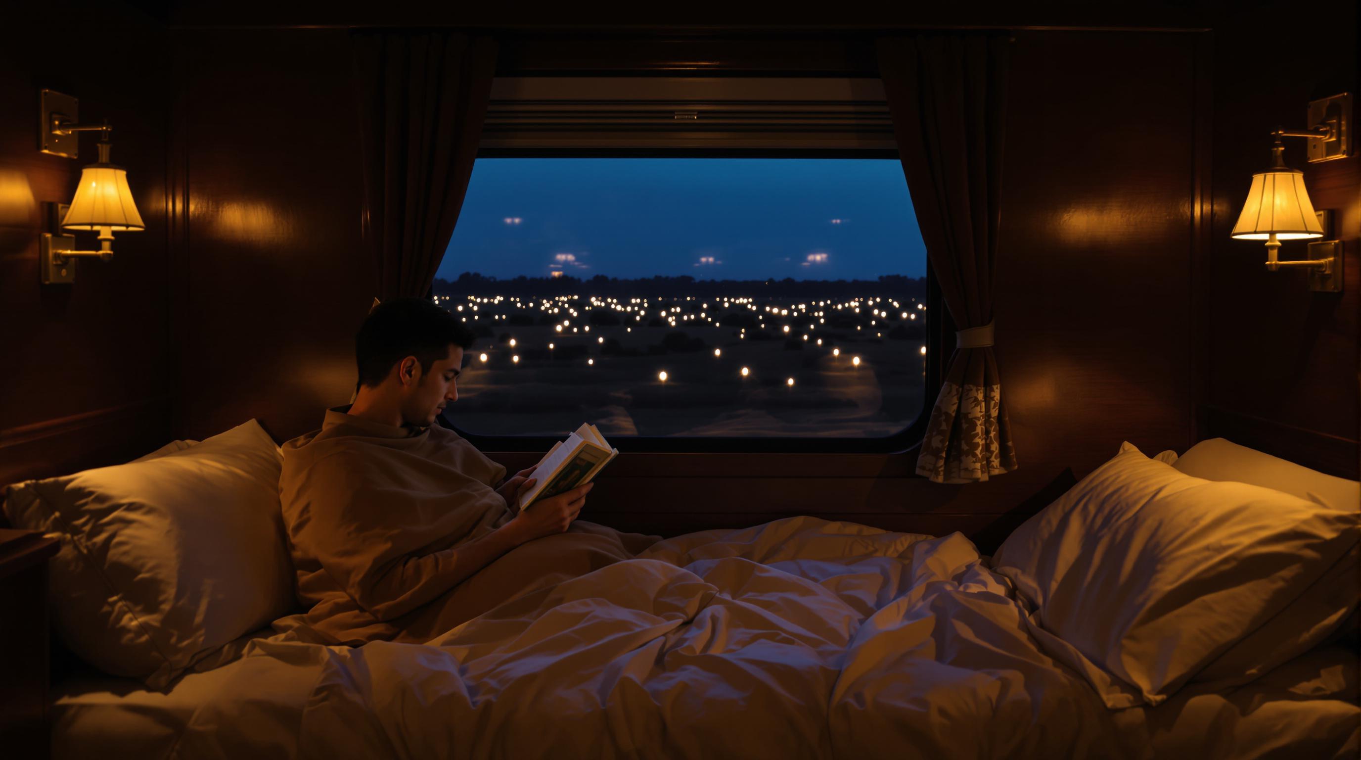 Un train de nuit thaïlandais traversant la campagne luxuriante entre Bangkok et Chiang Mai. L'image doit capturer l'ambiance chaleureuse à l'intérieur du train, avec des couchettes éclairées et des passagers se relaxant, tout en montrant le paysage extérieur défilant à travers les fenêtres.
