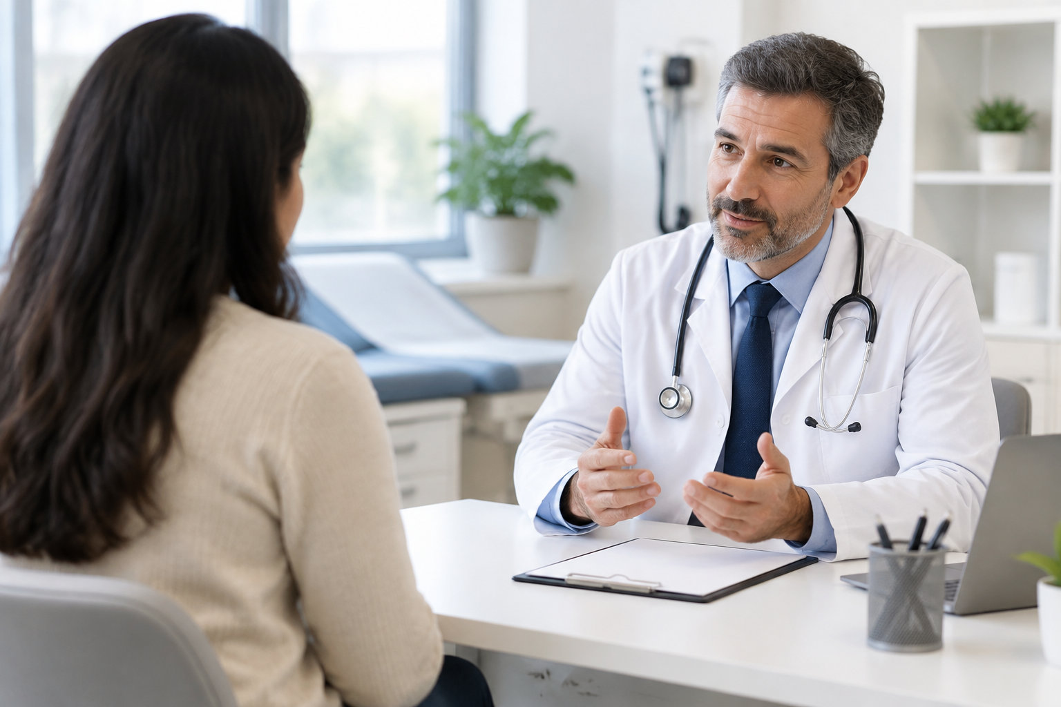 Un médecin en blouse blanche, muni d’un stéthoscope, parle à une patiente assise en face de lui dans un cabinet médical.