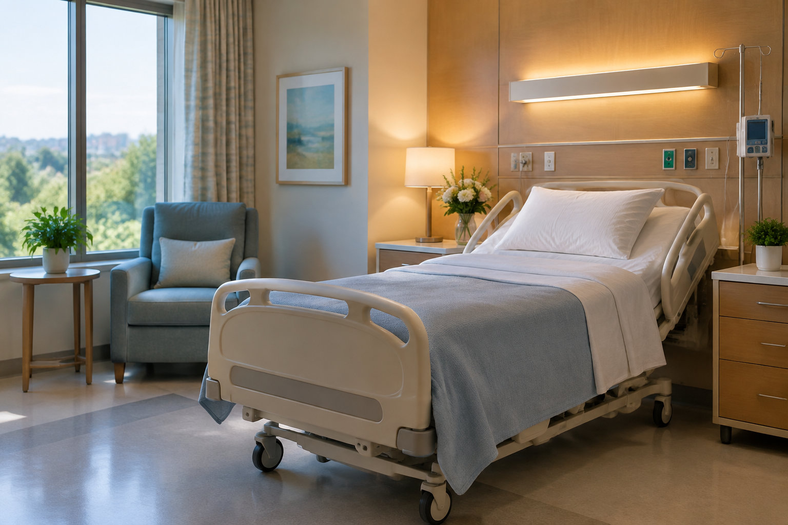 Une chambre d’hôpital lumineuse avec un lit médicalisé, un fauteuil, une perfusion et des plantes près d’une grande fenêtre.