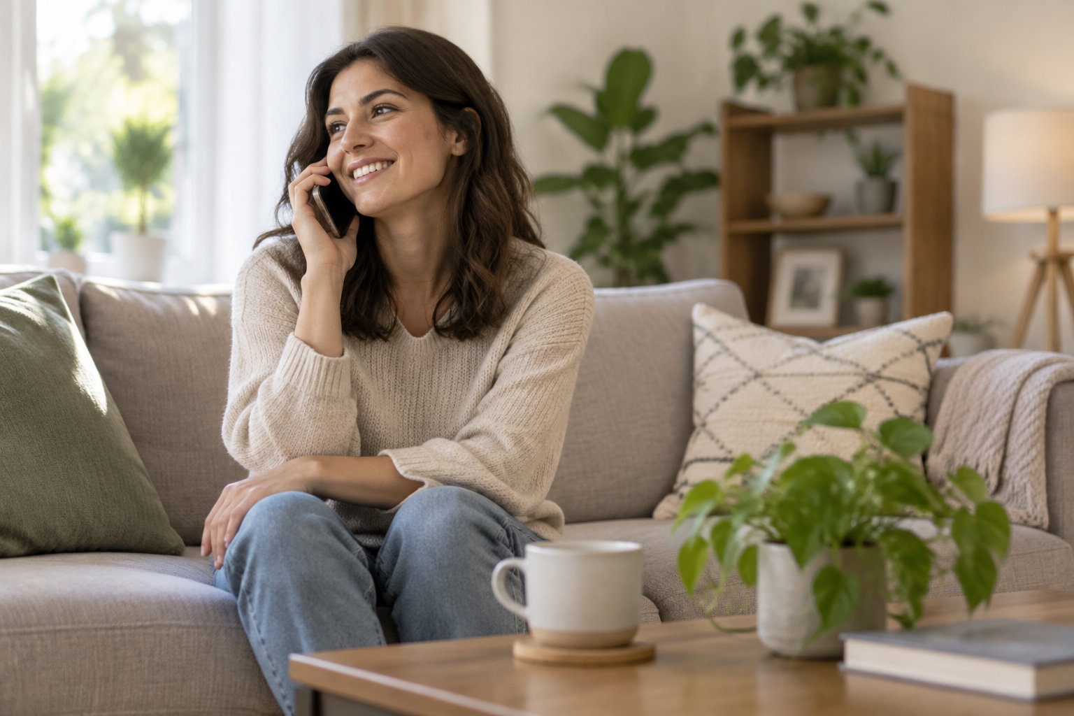 Une femme souriante, assise sur un canapé, tient un téléphone contre son oreille dans un salon lumineux.