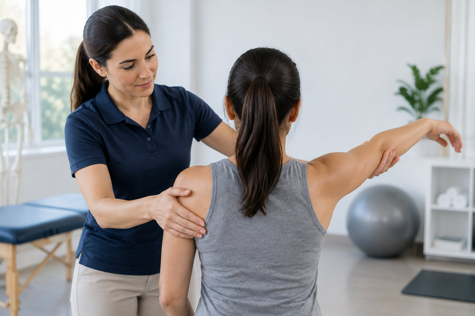 Une professionnelle de santé accompagne une femme dans un mouvement d’extension du bras, dans une salle de rééducation.