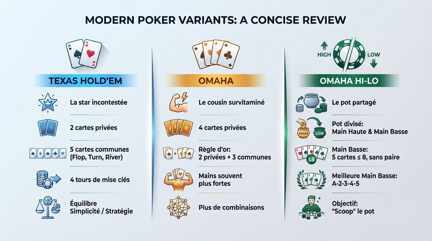Comparaison visuelle des cartes entre Texas Hold'em et Omaha sur une table de jeu