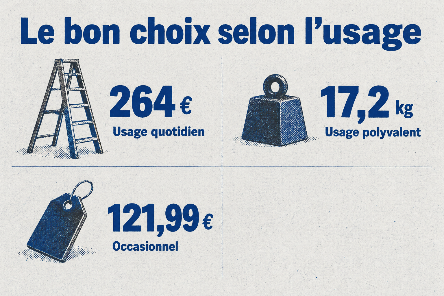 Grille comparant trois modèles : 264 € et 12 hauteurs pour le modèle pro, 17,2 kg pour la polyvalence, 121,99 € pour l'occasionnel.