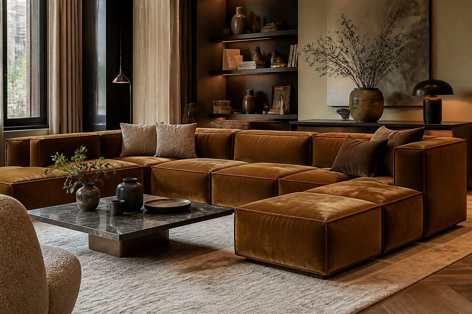 Richesse du velours bronze pour un salon LILO chaleureux