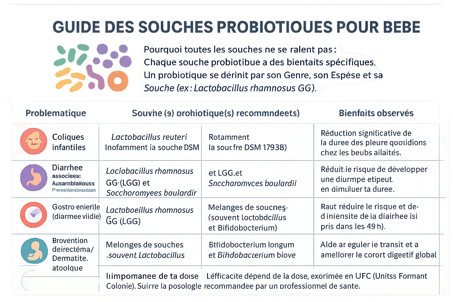 Schéma simplifié du microbiote intestinal et rôle des probiotiques chez les bébés