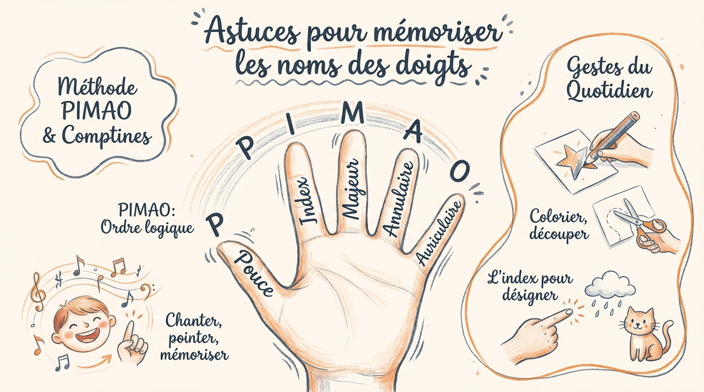 Illustration des astuces pour mémoriser le nom des doigts de la main