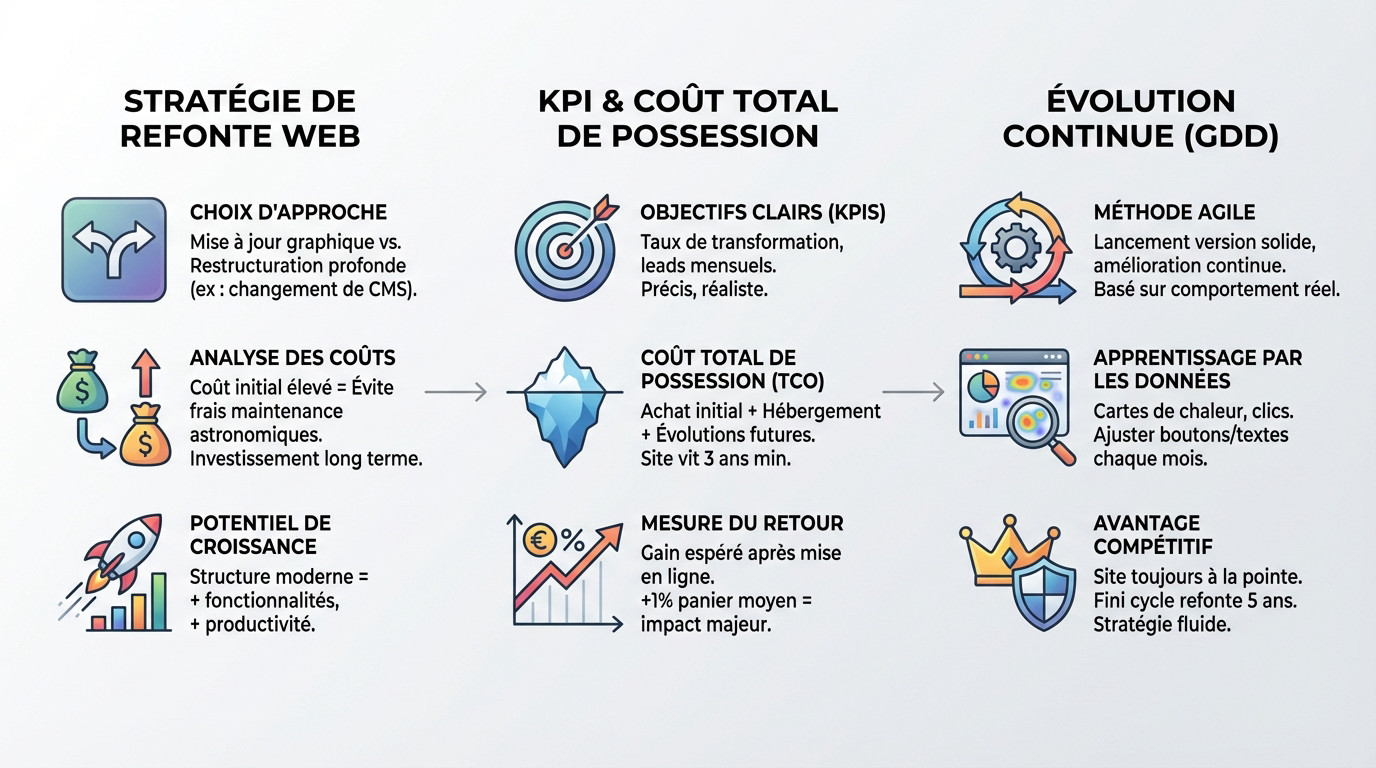 Infographie détaillant les indicateurs de performance et la rentabilité pour une refonte de site internet