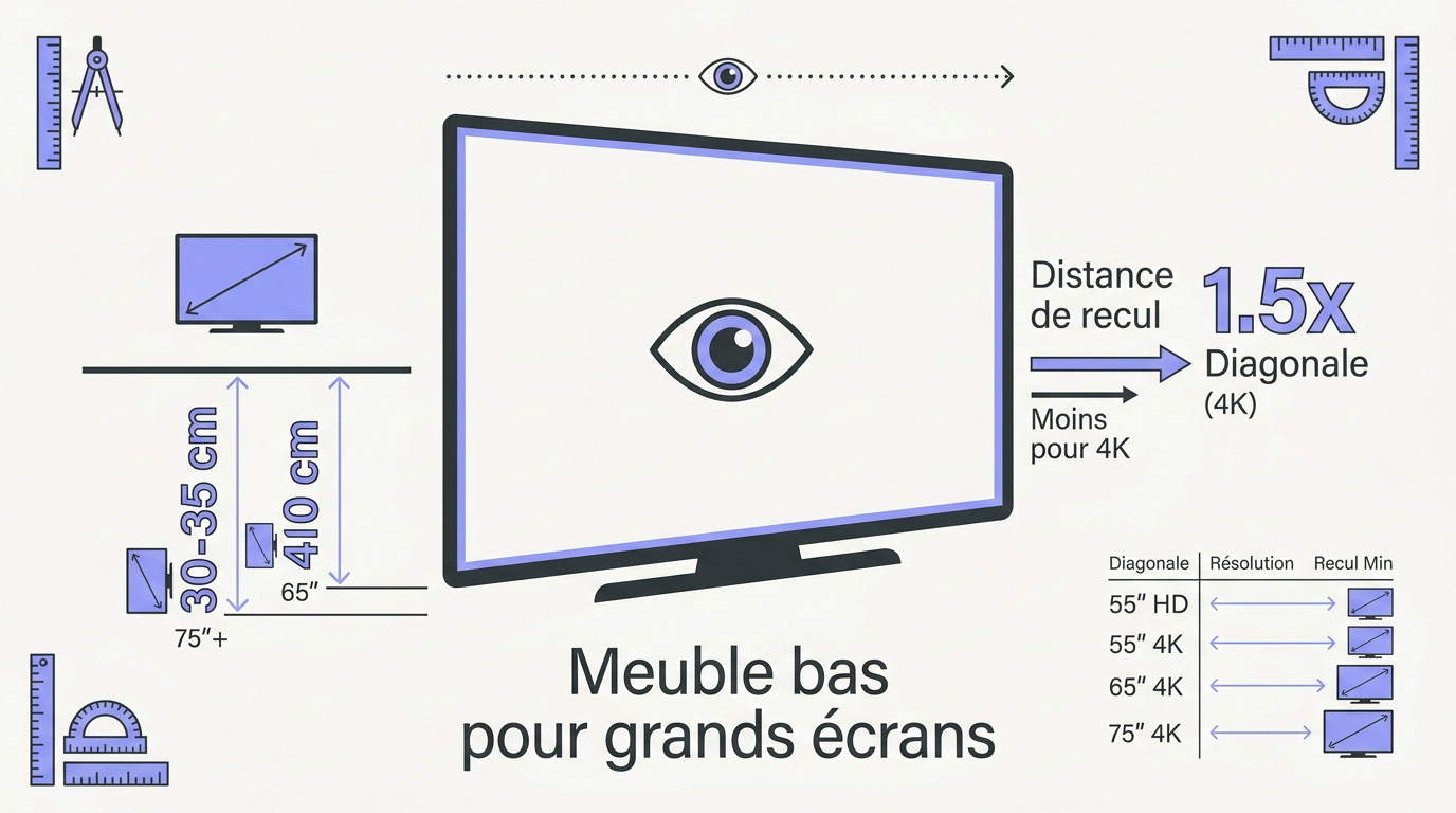 Schéma ergonomique de la hauteur du meuble TV et distance de recul selon la diagonale
