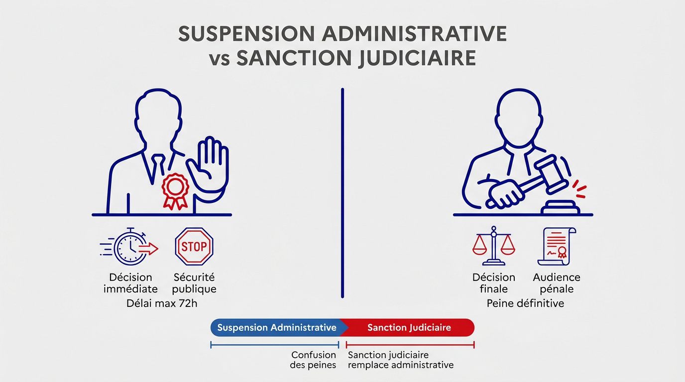Comparaison entre la suspension administrative du préfet et la sanction judiciaire du tribunal