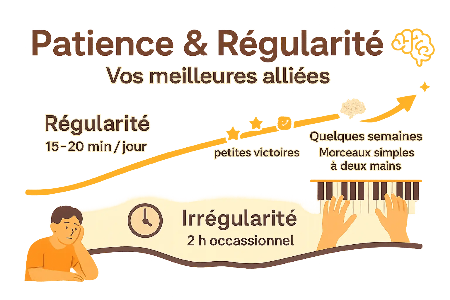 Illustration d'un pianiste en train d'apprendre à coordonner ses deux mains sur le piano
