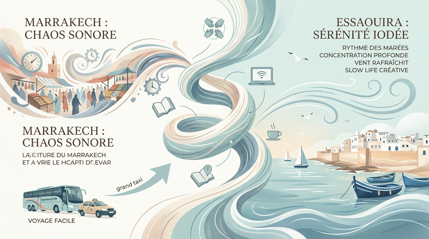 Comparaison entre l'ambiance de Marrakech et le calme d'Essaouira pour les nomades