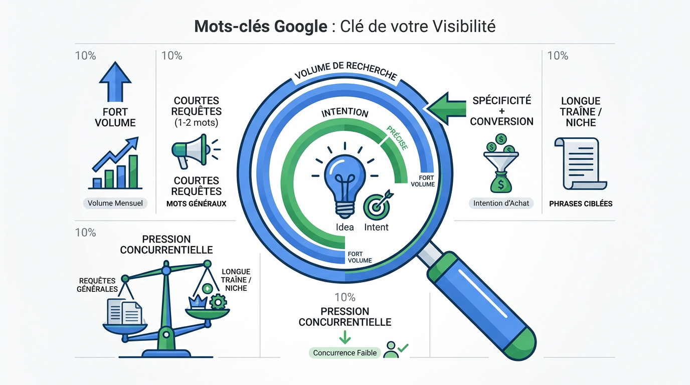 Graphique montrant la relation entre volume de recherche, concurrence et intention de recherche pour les mots-clés