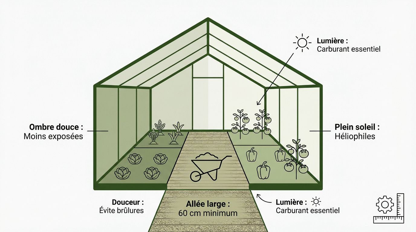 Infographie sur l'organisation de l'espace et la gestion de la lumière dans une serre de jardin
